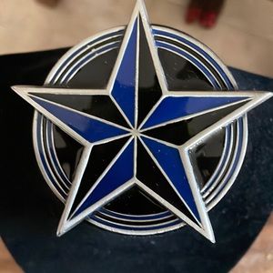 Vintage 2002 Five Points Black and Blue Pewter Star Buckle with Skulls.